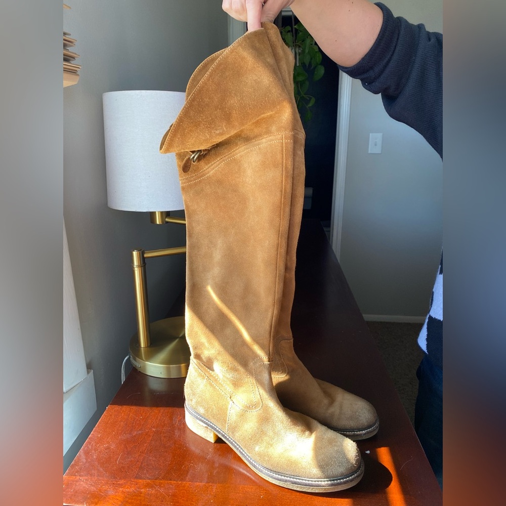 Italian Leather lavorazione artigiana Tan brown suede thigh high boots size 40